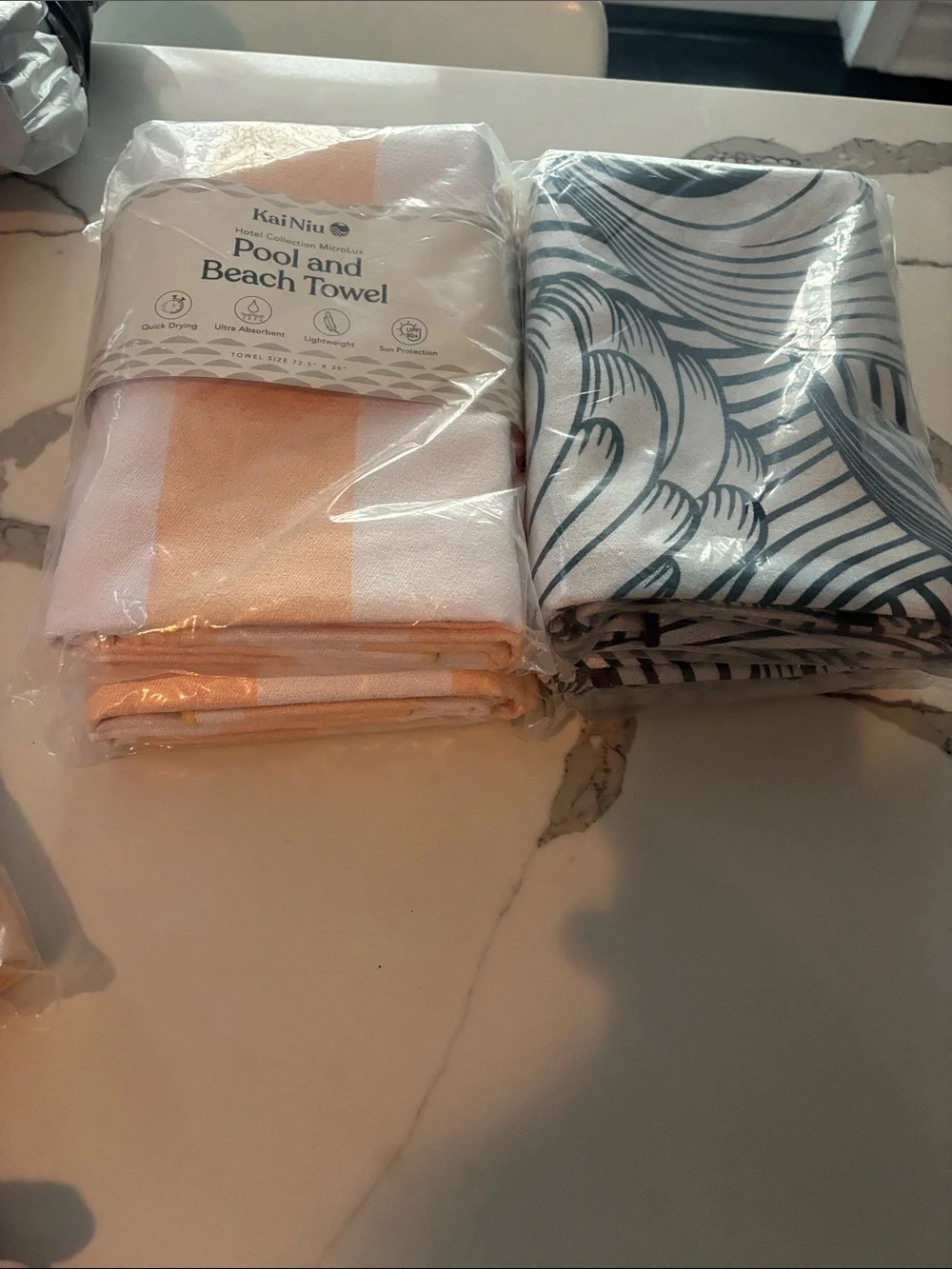 4 Pool and Beach Towel – White & Peach Stripe grey print  2 eaxh color